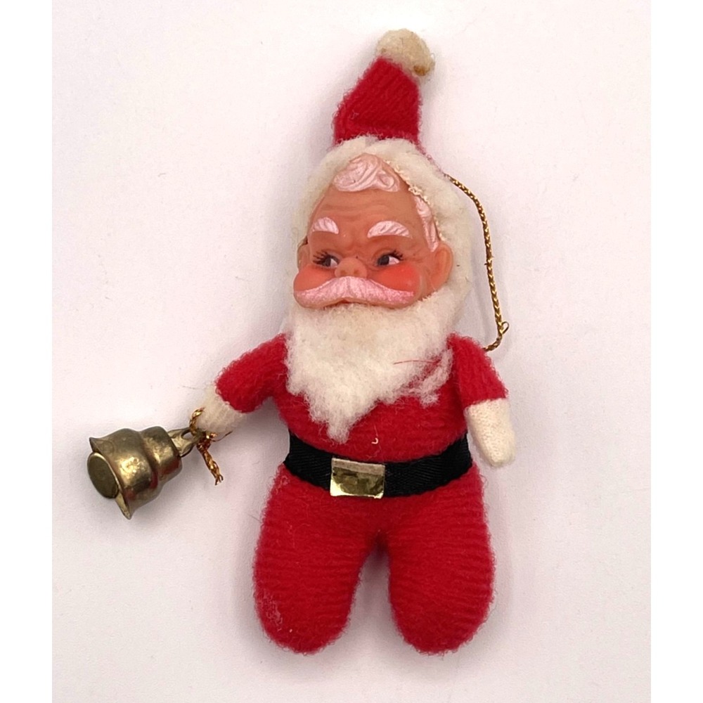 Vintage Plastic Face Santa Claus Felt Ornament w Bell Japan Red Suit